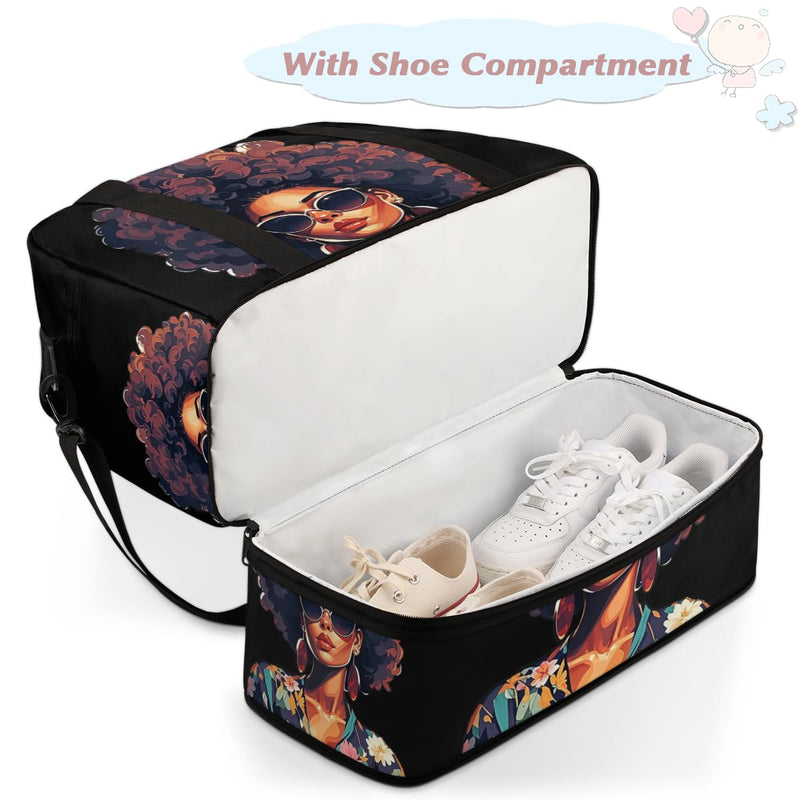 African Women Foldable Travel Duffel Bag, Expandable Weekender Overnight Carry on Bags with Shoe Compartment Sport Tote Gym Luggage for Women Men African Women
