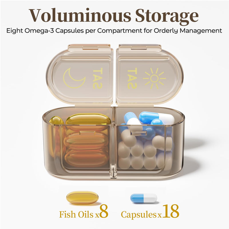 Betife AM PM Pill Organizer 7 Day, Weekly Pill Organizer Box 2 Times a Day | Portable Travel Pill Organizer, Cute, Easy Open, Airtight, Fashion, Dust-Proof, Reusable, Sturdy for Medication, Vitamin Brown