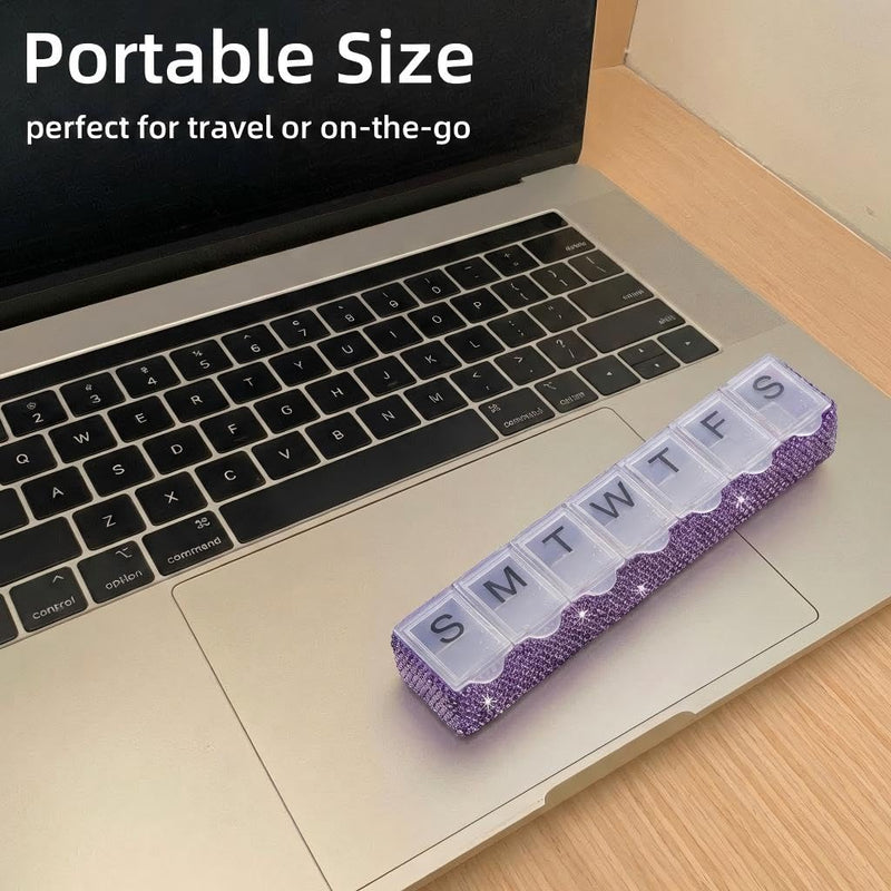 Weekly Pill Organizer 7 Day Small Pill Case Medicine Holder Daily Pill Box Bling Vitamin Container Medication Cases Organizers(Purple) Purple