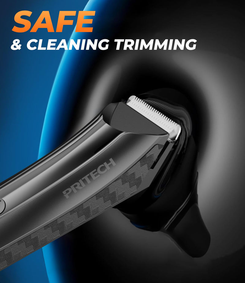 PRITECH Body Hair Trimmer for Men - Rechargeable Trimmer for Mens with Ceramic Blade, Wet & Dry Mens Ball Trimmer with Standing Recharge Dock, Cordless Groin Hair Trimmer for Men Black