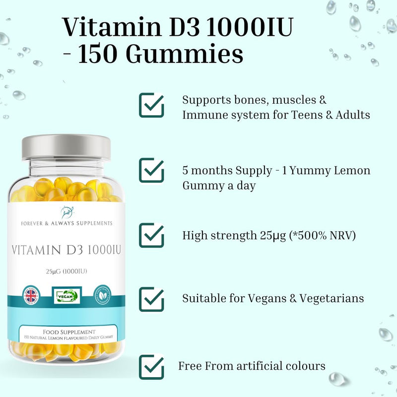 Vitamin D3 1000iu / 25μg - 12+ Years 150 x High Strength Lemon Flavour Gummies - 5 Months Supply - Vitamin D Supplement Teeth, Bone, Muscles & Immune System Support