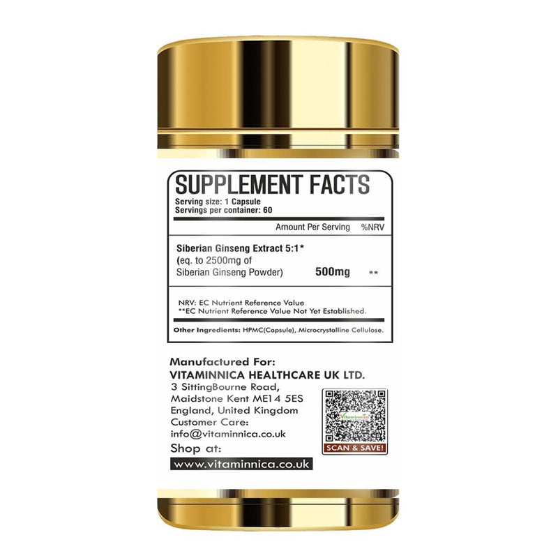 Vitaminnica Siberian Ginseng 500mg 5:1 Extract (Eqv. 2500mg)- 60 Capsules - High Strength Energy Supplement