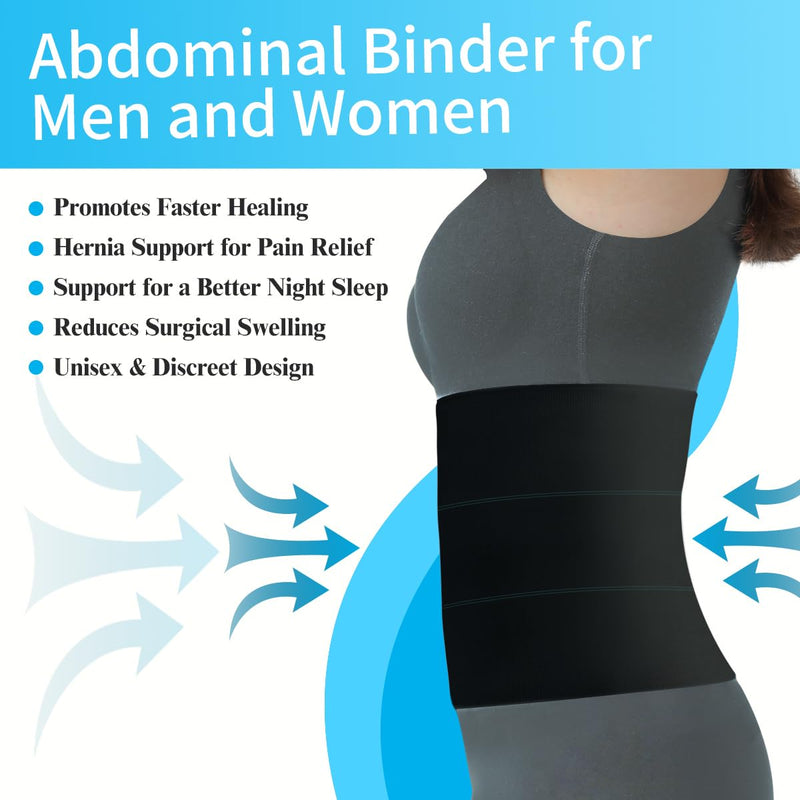 Abdominal Binder Post Surgery Compression Support | Stomach Wrap Belly Band for Hernia Tummy Tuck | Soft, Latex-free, Breathable - (45" - 60") 3 Panel - 9" Black L / 45"-60"