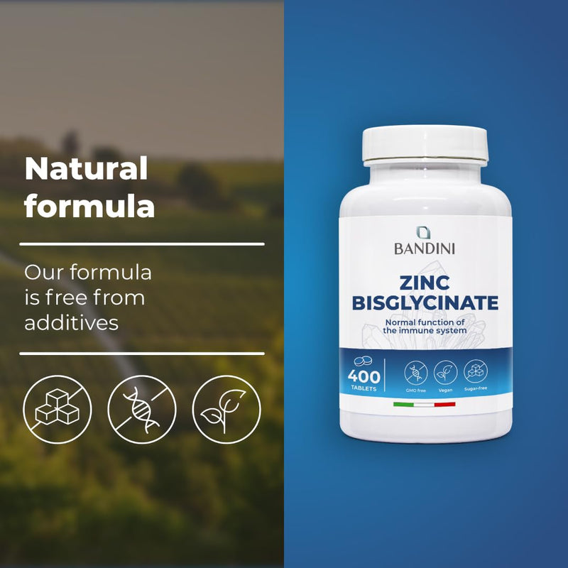 Bandini® Zinc Bisglycinate 400 Tablets (13-Month Supply), High Strength & High Absorption Pure Zink Supplement for Skin, Hair, Nails, Eyesight and Immune System, GMO-Free, Alternative to Capsules