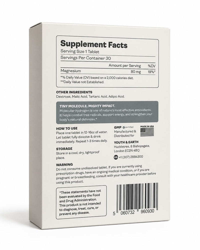 Youth & Earth Molecular Hydrogen Tablets, Primary Supplement for Cell Health Support, Antioxidant-Rich, Effervescent Form, 30 Count, Vegan