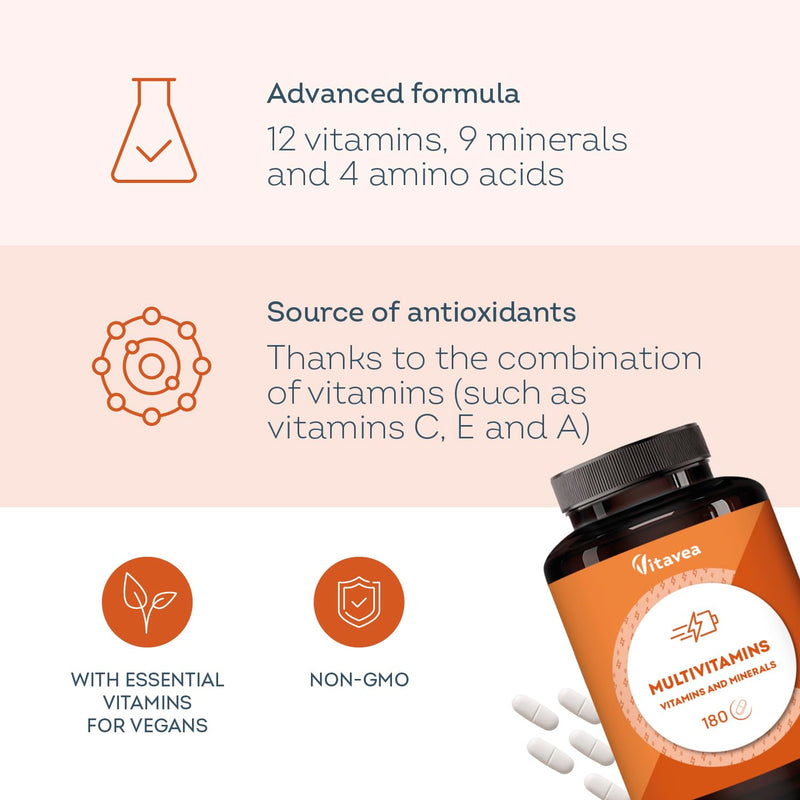 Multivitamins & Minerals – 25 Essential Nutrients with Vitamins A, B, C, D, E, Zinc & Iron – 180 Tablets – Energy, Immunity, Skin & Hair – Multivitamins for Men & Women – Vitavea