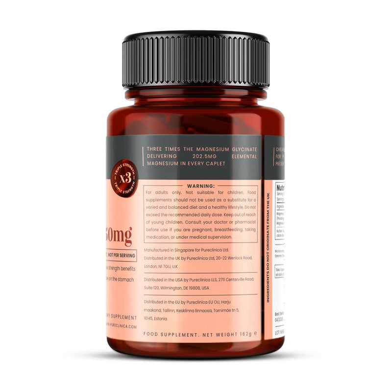 Triple Strength Magnesium Glycinate 1350mg x 180 Caplets (2 Bottles of 90) – 202.5mg Elemental Magnesium Per Caplet – 6 Months Supply - 100% Glycine Chelated, Gentle on the Stomach 180 count (Pack of 1)