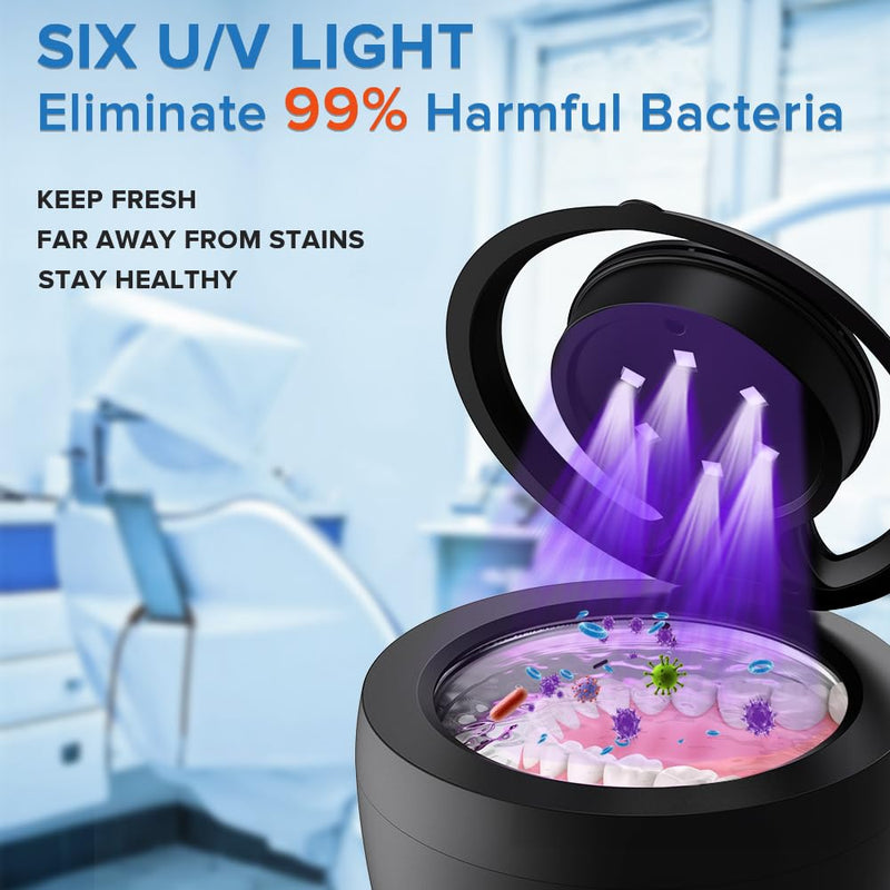 [Australia] - Ultrasonic Retainer Cleaner 45kHz Dental Cleaning Machine With 6 U/V Lights Adjustable Buzzer Alarm 200ML Capacity Black 