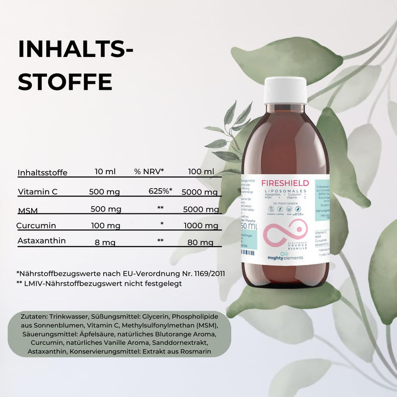 [Australia] - Mighty Elements Liposomal Fireshield 4 in 1, Astaxanthin 8 mg, Curcumin 100 mg, MSM 500 mg, Vitamin C 500 mg, Orange / Vanilla Flavor, Vegan, Gluten Free, High Bioavailability 250ml 