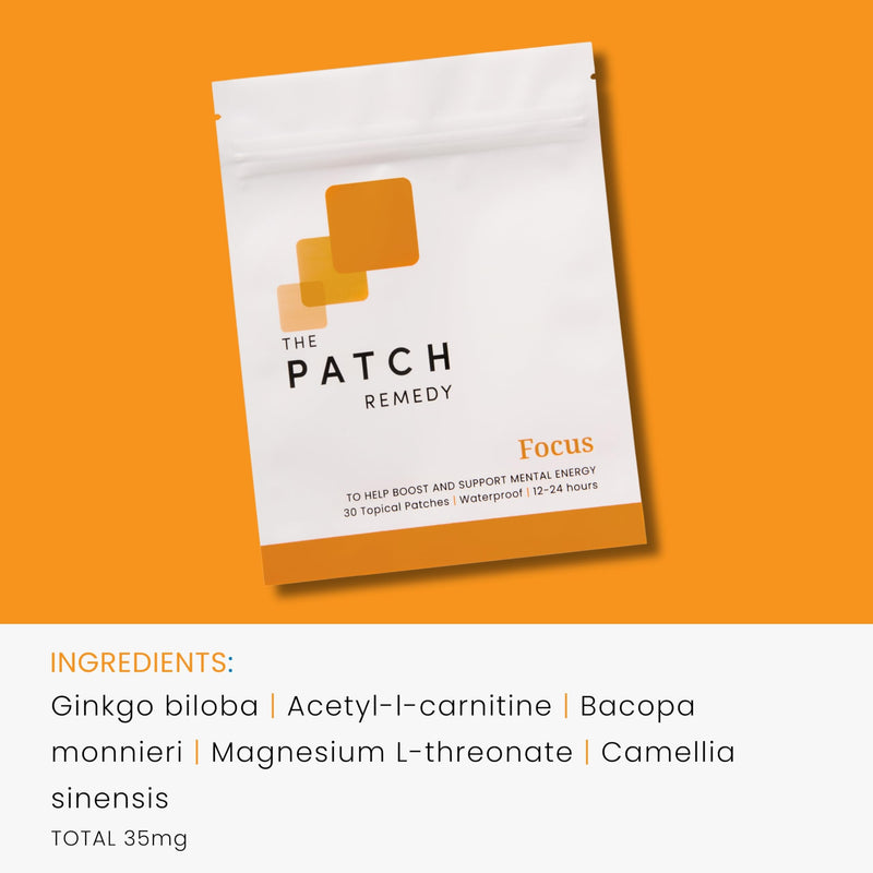 The Patch Remedy Focus Patches | 30 Topical Patches | Ginkgo biloba, Acetyl-l-Carnitine, Bacopa Monnieri, Magnesium L-Threonate, Camellia sinensis | 12-24 Hours