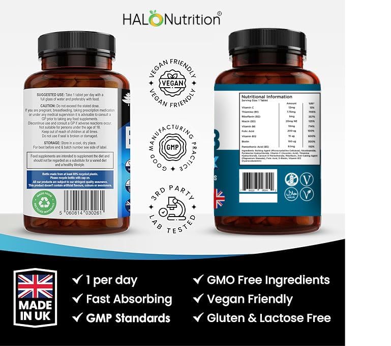 Vitamin B Complex -Vitamin B Complex High Strength -180 Tablets Blend of 8 B Vitamins & Vitamin C - One A Day - Folic Acid, B1, B2,B3,B5,B6,Vitamin B12 Halo Nutrition