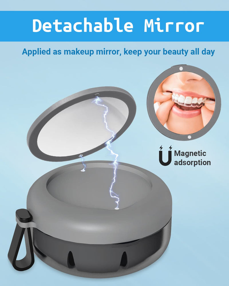 [Australia] - Denture Bath Case, Denture Cup, Leak Proof Portable Retainer Case, Denture Cleaning Kit with Cleaner Brush, Denture Box with Strainer & Mirror, Denture Case for Aligner Retainer Mouth Guard (Gray) Elegant Gray 