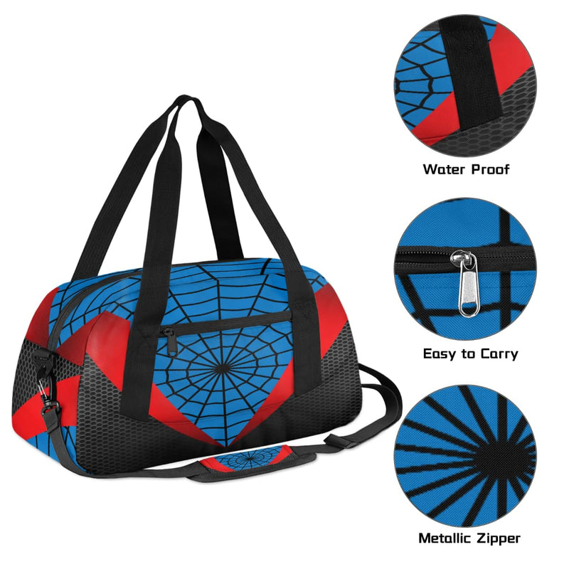 Gym Travel Duffle Bag for Boys - Blue Red Spider Web Kids Overnighter Weekend Bag with Front Zipper Pocket for School Practice, Teens Carry-On Size Sleepover Bags Blue-Red Spider Web