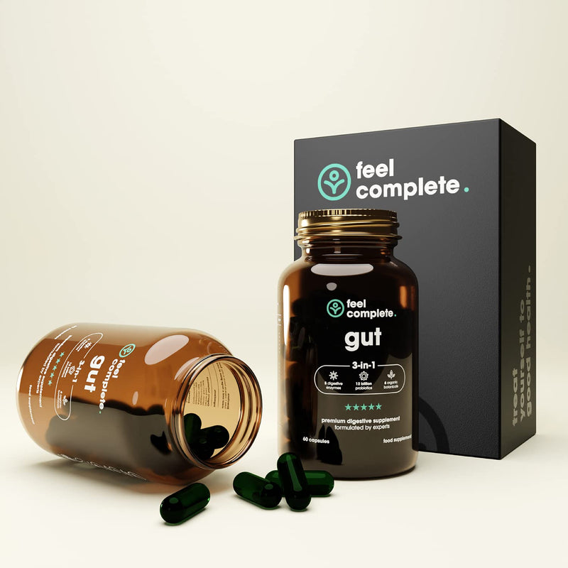 Feel Complete | Gut 3-in-1 | Premium Digestive Supplement | Probiotics & Digestive Enzymes & Prebiotics | Gut Health | Vegan | Made in The UK | 60 Capsules 60 count (Pack of 1)