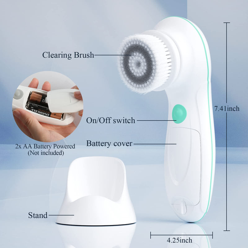 TOUCHBeauty Facial Cleansing Brush Electric, Face Cleansing Brush with Stand, 3 Brush Heads, 2 Speeds, IPX5 Waterproof, Battery-Powered, Suitable for All Skin Types, TB-0759D White