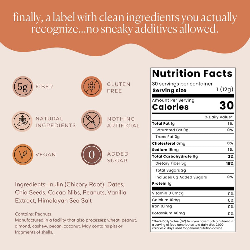 [Australia] - Fiber Supplement - 5g Daily Fiber Bite - Supports Regularity, Digestion and Gut Health - All Natural Ingredients, Peanut Butter Cacao Flavor, 30 Servings 