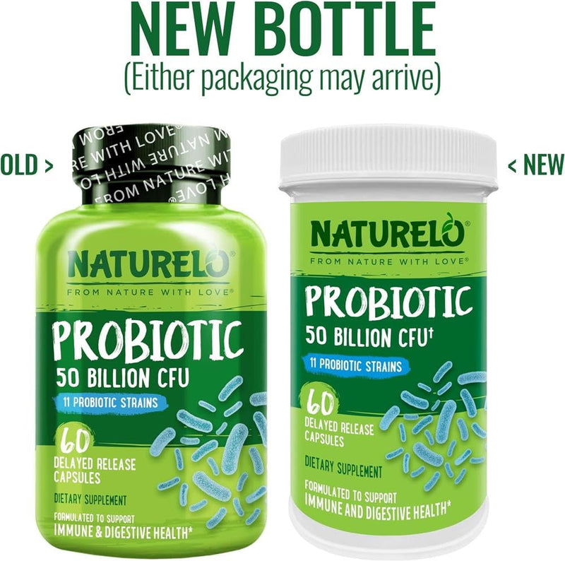 NATURELO Probiotic - Ultra Strength - 50 Billion CFU - 11 Lacto & Bifido Strains - One Daily - Gut-Friendly Bacteria - No Refrigeration Needed - 60 Vegan Capsules | 2 Month Supply 60 count (Pack of 1)