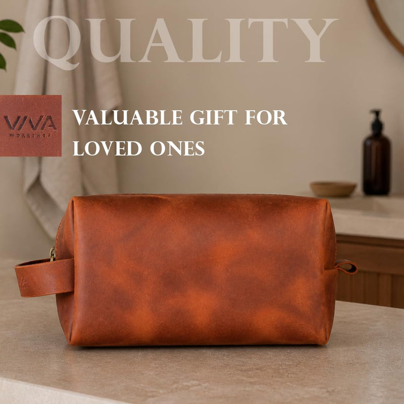 Full Grain Leather Toiletry Bag for Men – Handmade in USA – Waterproof Dopp Kit for Shaving Kit, Travel, Gym – Real Leather Serves as Gift for Dad, Husband, Boyfriend, Friend, Groomsmen