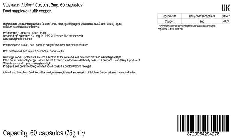 [Australia] - Swanson, Albion Copper, 2mg copper, copper bisglycinate, 60 capsules, high dosage, laboratory tested, soy-free, gluten-free, non-GMO 