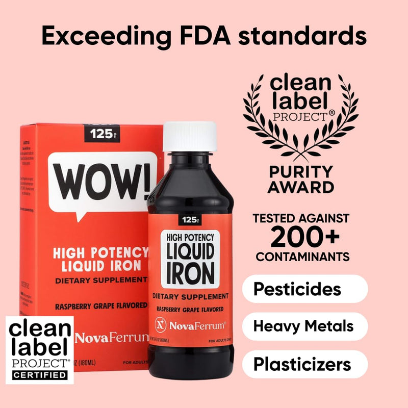 NovaFerrum Wow 125mg High Potency Liquid Iron Supplement for Adults | Vegan verified and gluten free certified, sugar-free formula for those managing low iron levels every single day | 6 Fl Oz 6 Fl Oz (Pack of 1)