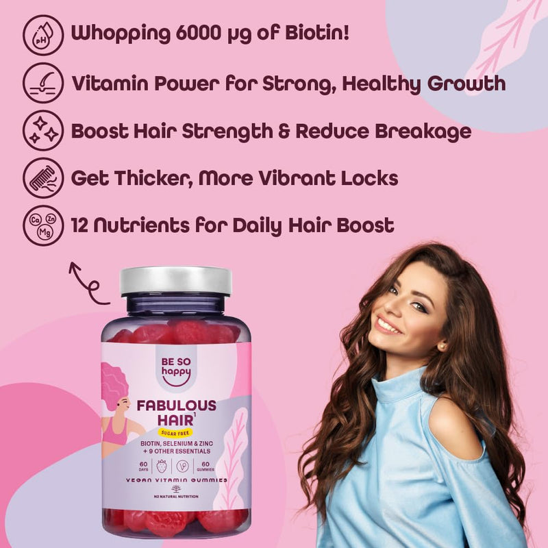 BeSoHappy® Biotin Gummies 6000mcg Complex for Hair Growth, 60 Days Supply with Selenium, Zinc, B12 Vitamin, Retinol Vitamins B6, C, D, E, Strawberry Candies Flavor, Vegan.