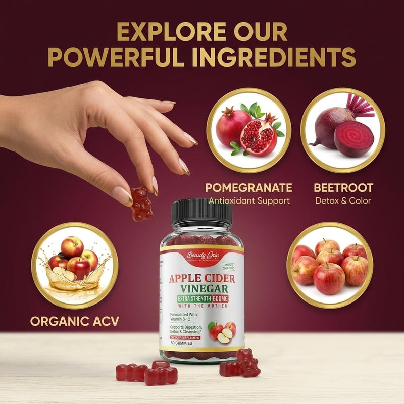 Apple Cider Vinegar Gummies with The Mother | Organic ACV, Pomegranate, Beetroot & B12, Digestive, Detox & Energy Support, Vegan, Halal