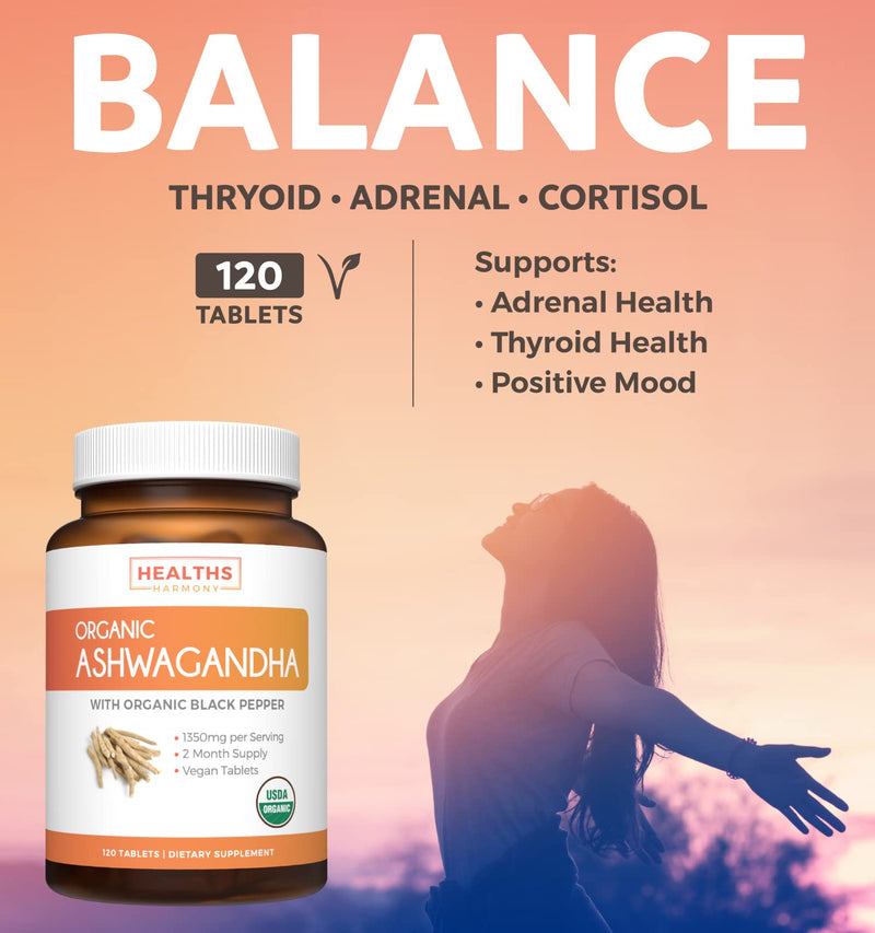 [Australia] - USDA Organic Ashwagandha (120 Vegetarian Tablets) 1350mg Ashwaganda Root Powder Per Serve with Black Pepper - Natural Adrenal Support, Cortisol & Thyroid Support, Immune Support (No Pills or Capsules) 120 Count (Pack of 1) 
