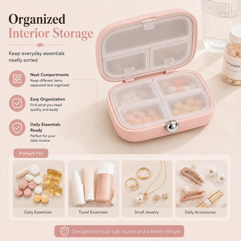 Travel Pill Organizer with Date Dial, 7-Compartment Portable Pill Case | Pink case with metal push-button closure; 7 fixed compartments for vitamins and supplements, compact for purses and travel