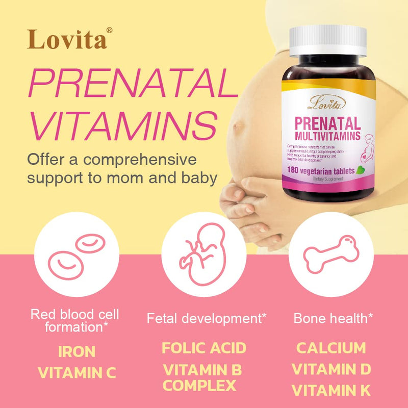 LOVITA Prenatal Multivitamins - Comprehensive Nutrient Support for Before, During, and Post-Pregnancy - 180 Vegetarian Tablets 180 Count (Pack of 1)