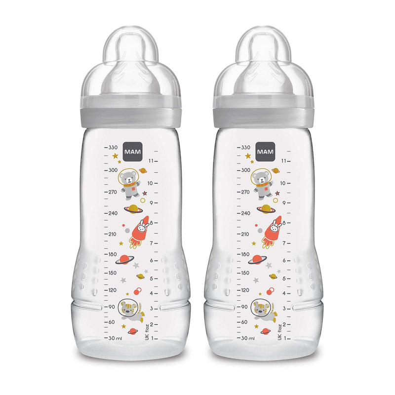 [Australia] - MAM Easy Active Baby Bottles 11oz, Fast Flow Skinsoft Silicone Nipple with Wide Neck Ergonomic Design, Easy to Hold, BPA-Free, Bottles with Leak-Proof Caps for 4+ Months Baby Cotton 2 Count (Pack of 1) 