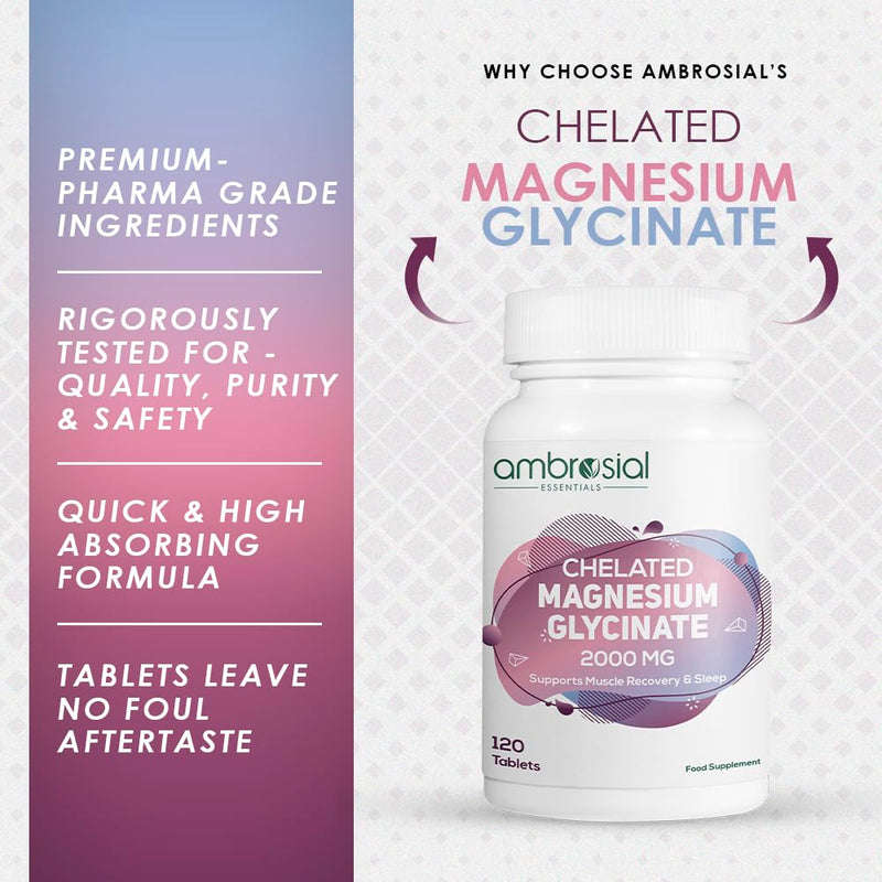 Ambrosial Chelated Magnesium Glycinate 2000mg | Provides 440mg Elemental Magnesium per Serving | 120 Vegan Tablets