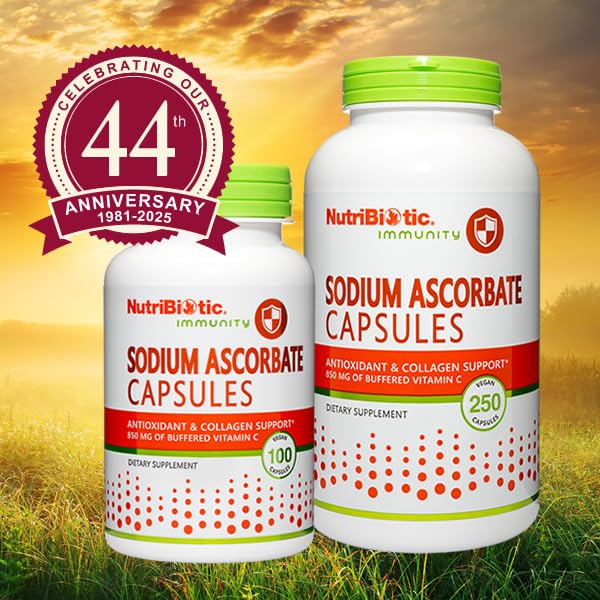 NutriBiotic - Sodium Ascorbate Buffered Vitamin C Capsules, 100 Ct | Vegan, Non-Acidic & Easier on Digestion Than Ascorbic Acid | Essential Immune Support & Antioxidant Supplement | Gluten & GMO Free