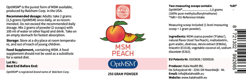 Kala Health OptiMSM® Powder Peach Flavour – 100% Pure MSM Sulphur Powder – Natural Methylsulfonylmethane – with Peach from Natural Flavourings – Additive-Free (250) 250