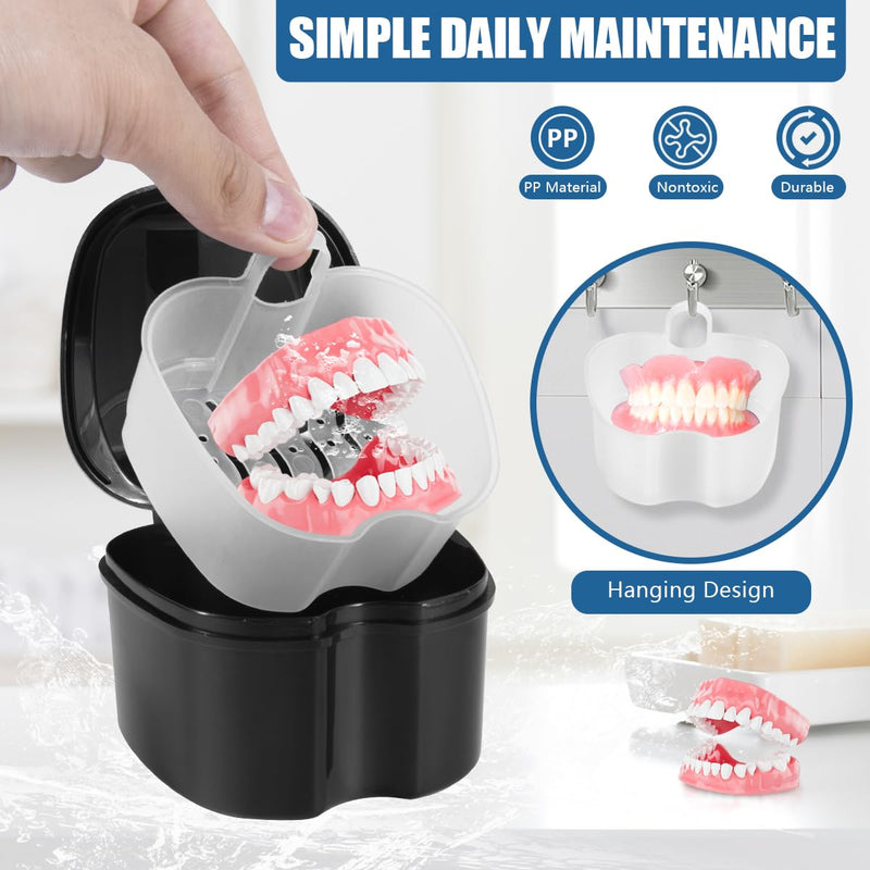 2 Pack Denture Bath Case Cup Box Holder Storage Container with Denture Cleaner Brush Strainer Basket for Travel Cleaning (White and Black) White and Black