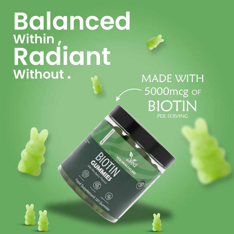 VED Biotin Gummies 5000mcg – 120 Vegan Gummies with 7 Essential Vitamins, Natural Mixed Berry Flavor – Hair, Skin & Nail Support – Non-GMO, Gluten-Free, Vegetarian, 2 Month Supply.