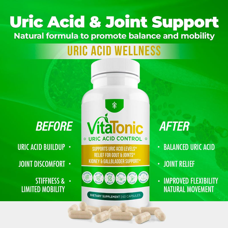 – Vitatonic Uric Acid Balancing Aid for Both Genders - Herbal Joint Care Detox Solution – Enhance Mobility - GMO-Free, Gluten-Free - 60 Capsules. (1) 1