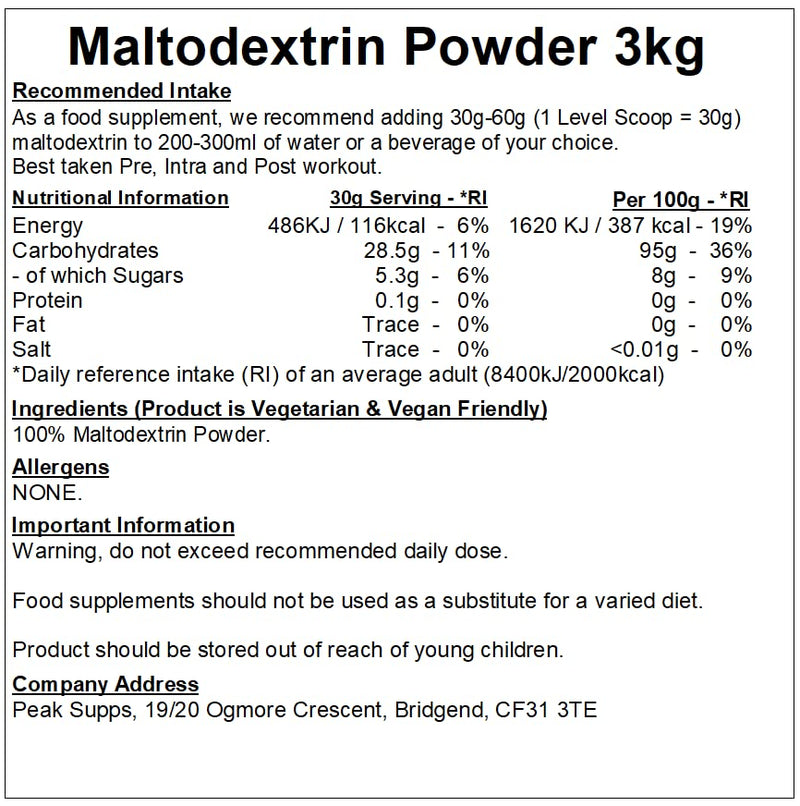 Maltodextrin Powder 3kg | Intra & Post Workout, Training, Unflavoured, Carbohydrate, Vegan