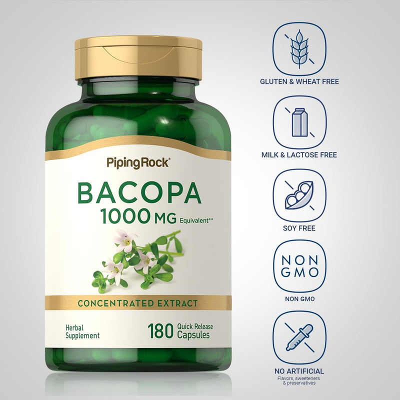 [Australia] - Piping Rock Bacopa Monnieri Supplement 1000mg | 180 Capsules | Herbal Extract |Non-GMO & Gluten Free 