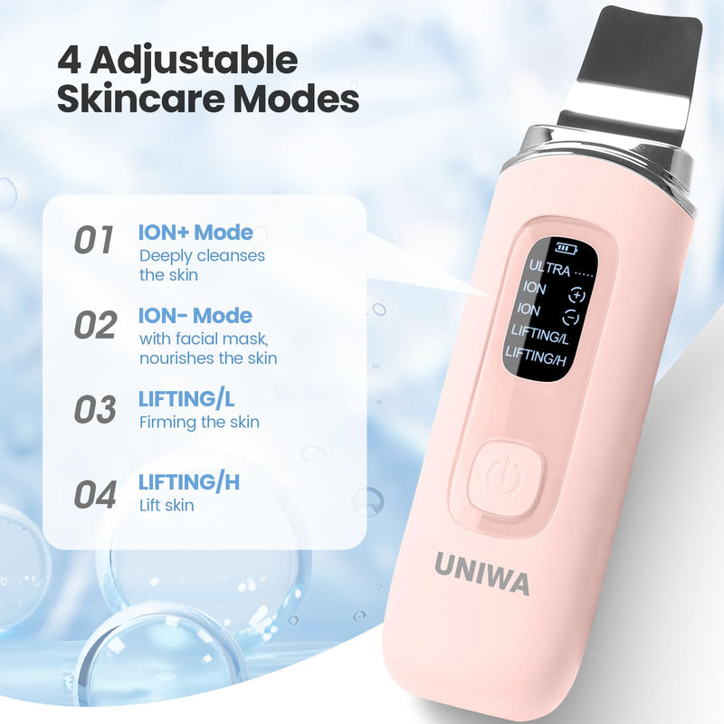 UNIWA Skin Scrubber Face Spatula, Skin Scrubber Pore Cleaner Blackhead Remover Tool for Deep Facial Cleansing - 4 Modes, Face Spatula with USB Charger, LCD Display, IPX7 Waterproof -Pink