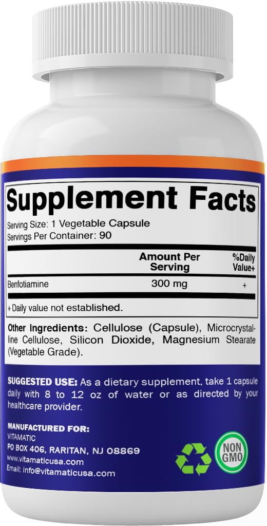 Vitamatic Benfotiamine 300 mg, 90 Vegetarian Capsules - 3 Pack | Fat Soluble Form of Vitamin B1, Supports Healthy Energy Metabolism and Nervous System*, Non-GMO, Gluten Free, Made in USA 3 Bottles