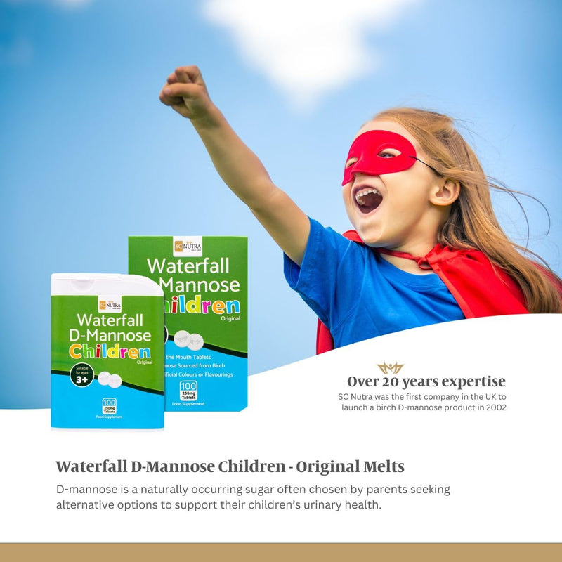 Waterfall D-Mannose for Children Melts (Melt in the Mouth Tablets) for Kids – Suitable for Boys & Girls 3+ | 250mg Melts – 100 Count - Original (No Flavour)