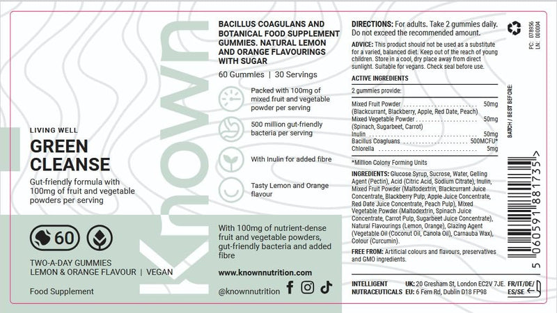 Known Delicious Green Cleanse Gummies - Chlorella & Gut-Friendly Bacteria - Natural Lemon & Orange Flavour - 60 Vegan Gummies, 1 Month Supply
