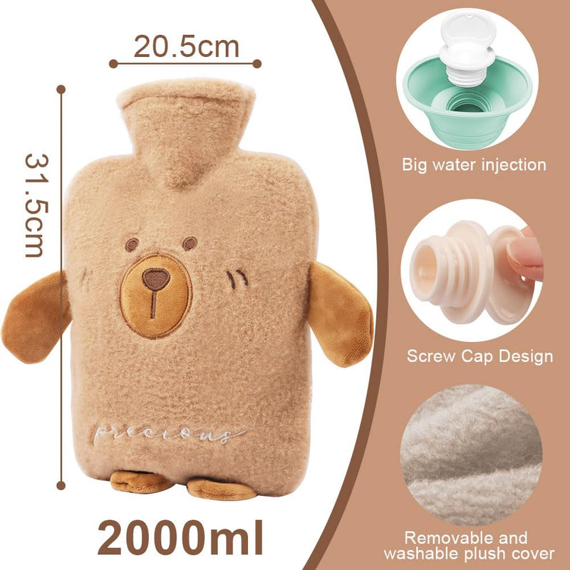 [Australia] - FIVAVA hot water bottle with cover 2L, children's hot water bottle large with cuddly soft cover, hot water bottle animal, hot water bottle gifts for family and friends brown 