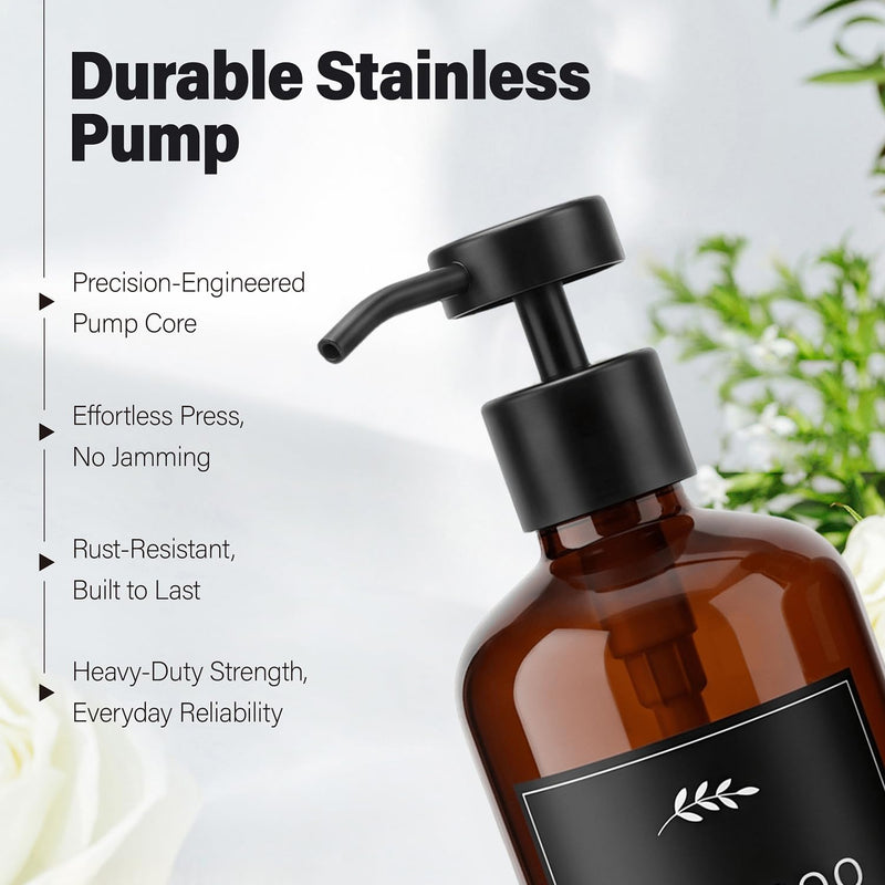 Prus Waso Shampoo and Conditioner Dispenser Set, Amber & Black | Soap Dispenser Shower, Empty Shampoo and Conditioner Bottles with Black Stainless Pumps and 32 Labels