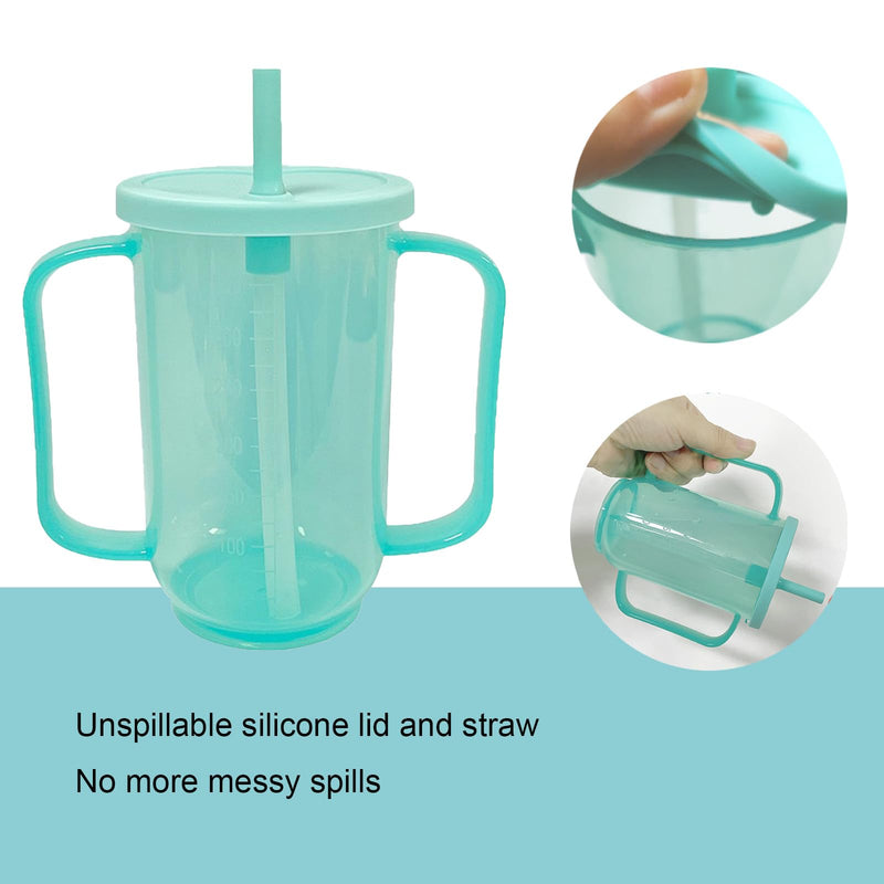 [Australia] - 2 Pack Adult Sippy Cups for Elderly 12oz No Spill Cup for Adults Dysphagia Cups with 2 Handles Straw for Disabled Patients Limited Mobility Green 