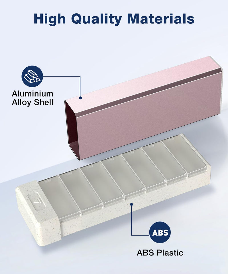 HEIYING Metal Pill Organizer with 7 Separate Compartments for Pills Storage | Portable Metal Pill Case Storage Vitamins, Smooth Magnetic Sliding Lid, Daily Medication Storage Case for Travel Updated Pink