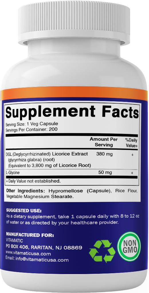 [Australia] - Vitamatic DGL Licorice 10:1 Extract 380 mg (3800mg Equivalent of Licorice Root) - 10X Stronger - Supports Healthy Digestive & Respiratory Functions - 200 Capsules 