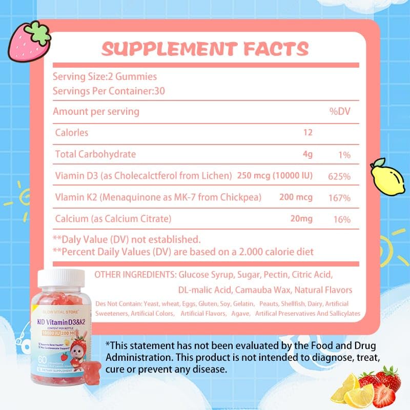 Kids Vitamin D3 + K2 Gummies – 10000 IU D3 & 200 mcg K2 – Bone, Teeth & Heart Support – Strawberry & Lemon – Vegan, Non-GMO, Allergen-Free – 60 Chewables by Glow Vital Store (1) 1
