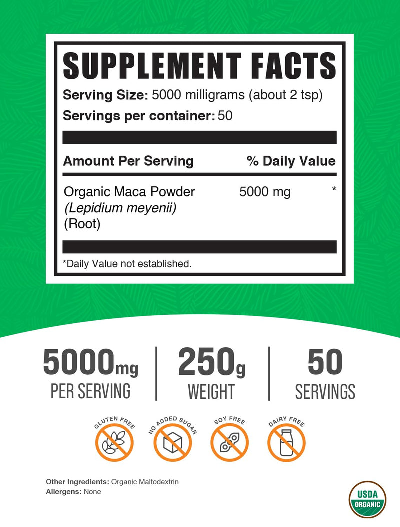 BulkSupplements.com Organic Maca Powder - Organic Maca Root Powder, Superfood Supplement - Gluten Free, 5g per Serving, 250g (8.8 oz) (Pack of 1) 8.8 Ounce (Pack of 1)