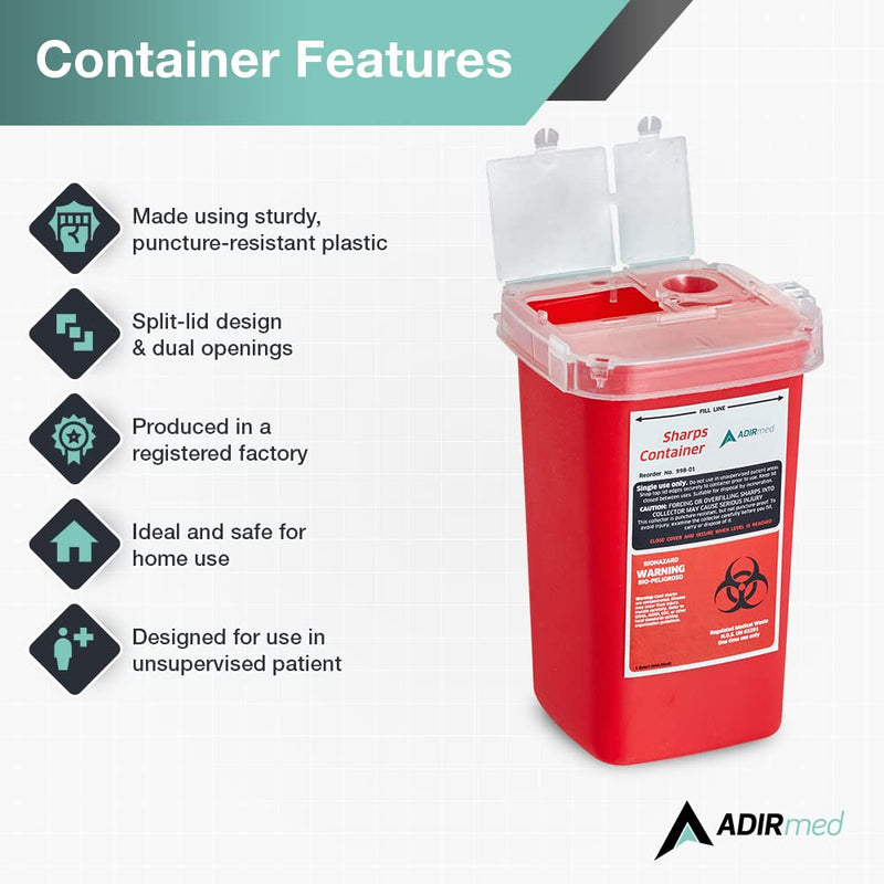 [Australia] - AdirMed Sharps Disposal Container with Flip Open Lid - Biohazard and Syringe Disposal Container - Ideal for Home, Clinic, Office, Barber Use with Flip-Open - (1 Quart, 6-Pack) 1 Quart 32 Fl Oz (Pack of 6) 